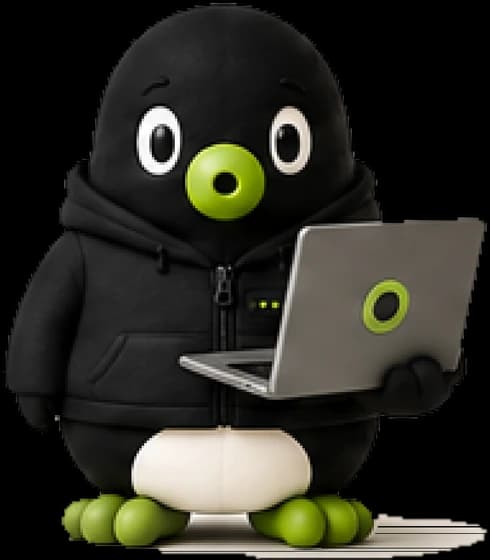 Pingu holding a laptop